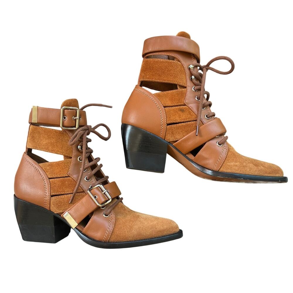 Chloé Rylee Brown Suede Ankle Leather Buckle Lace Up Heeled Boots Sz EU 37/US 7